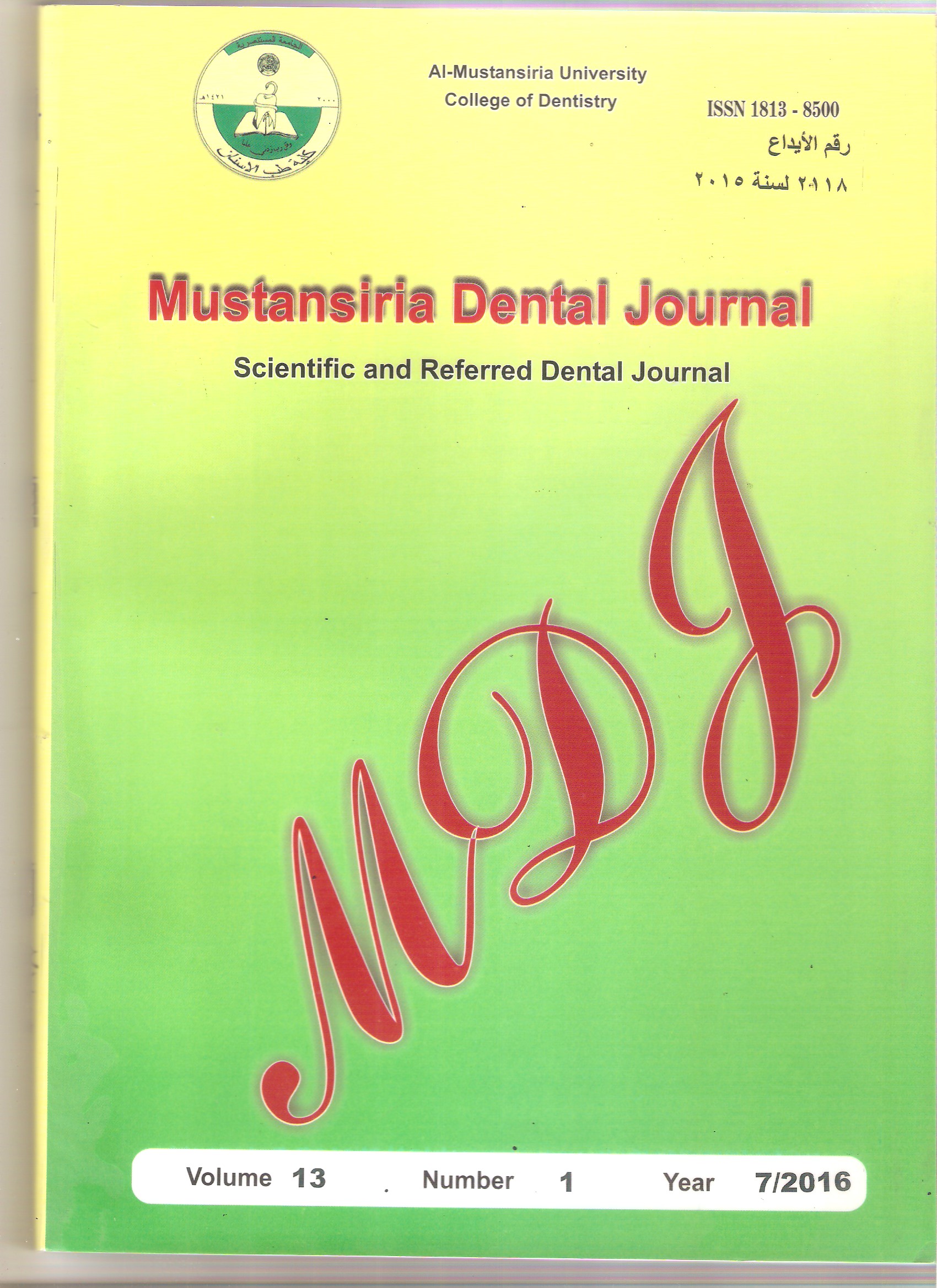 					View Vol. 13 No. 1 (2016): Mustansiria Dental journal
				